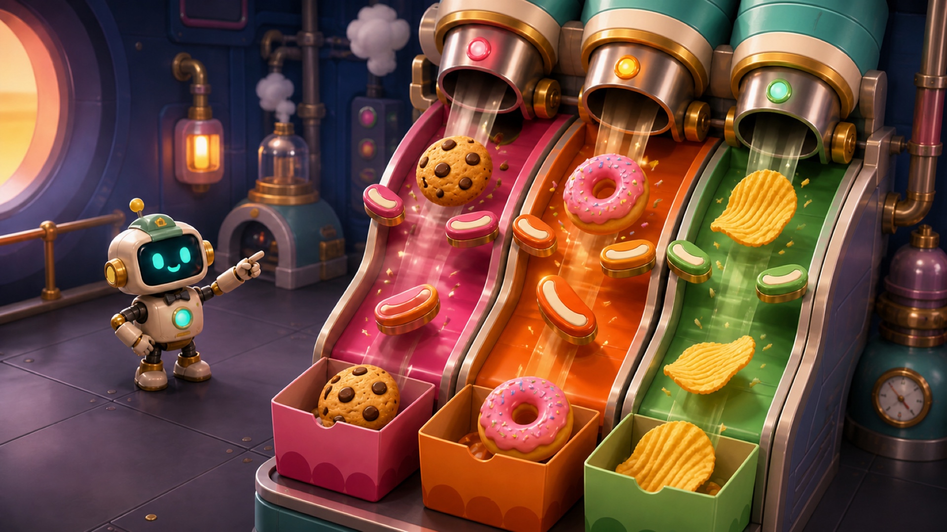 A colorful miniature snack factory sorting cookies, donuts, chips and candy
