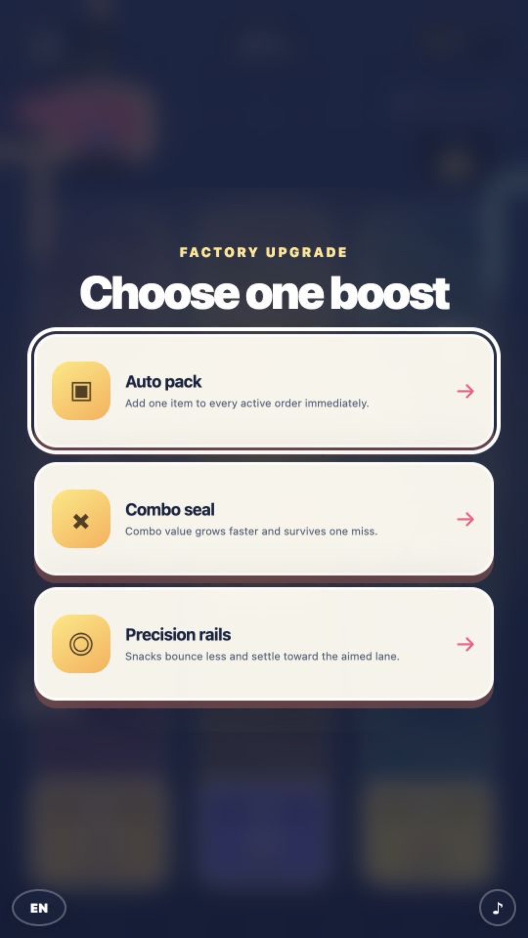 Three factory upgrade choices